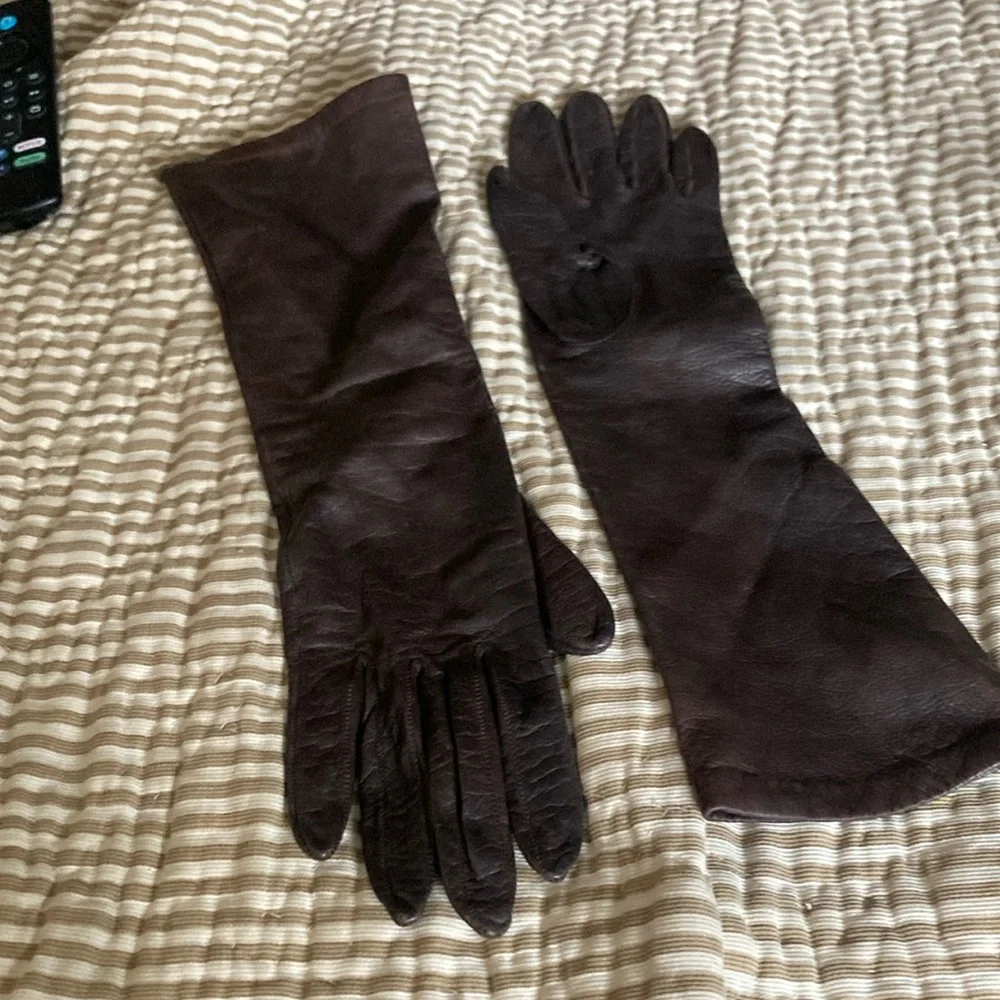 Vintage long brown faux leather gloves with 100% silk lining
